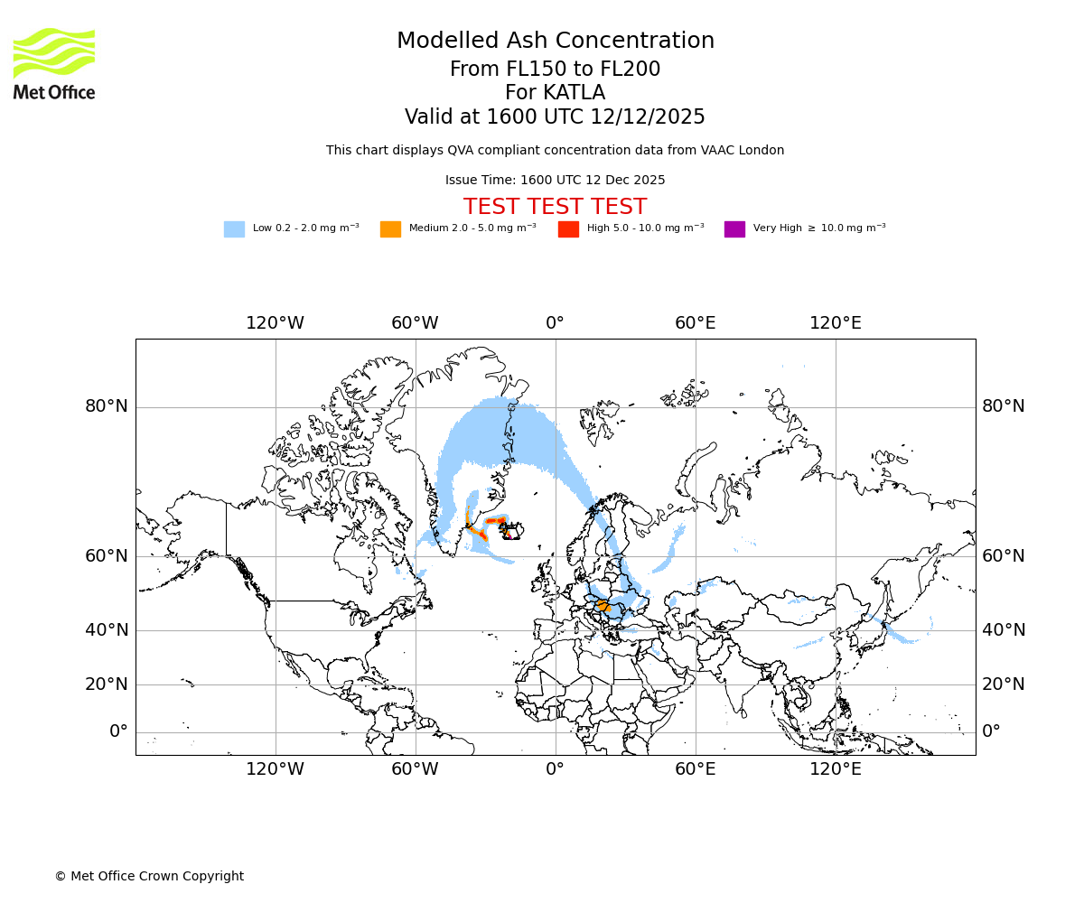 Modelled ash concentration from 150 to 200 for KATLA. Valid at 1600 UTC 12/12/2025