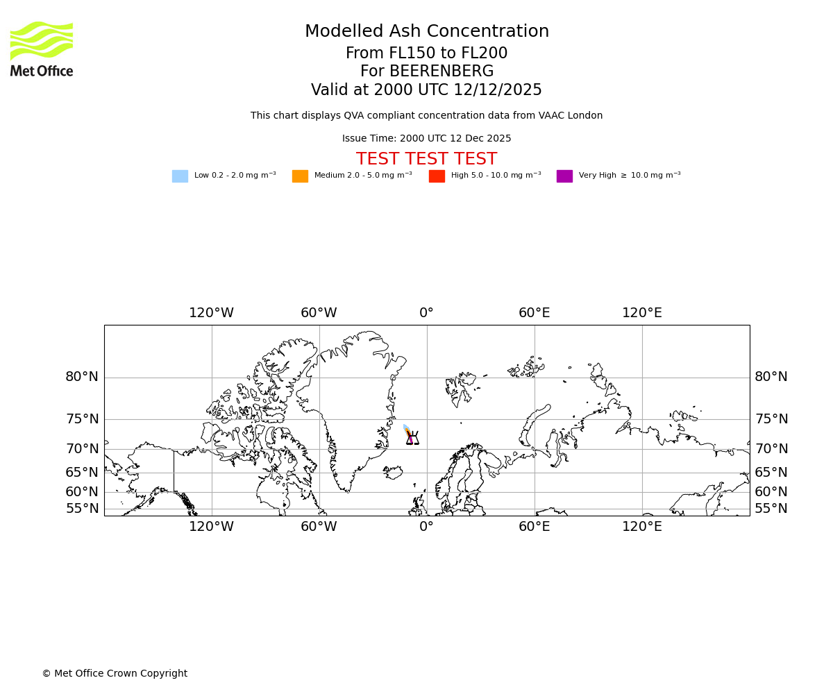 Modelled ash concentration from 150 to 200 for BEERENBERG. Valid at 2000 UTC 12/12/2025