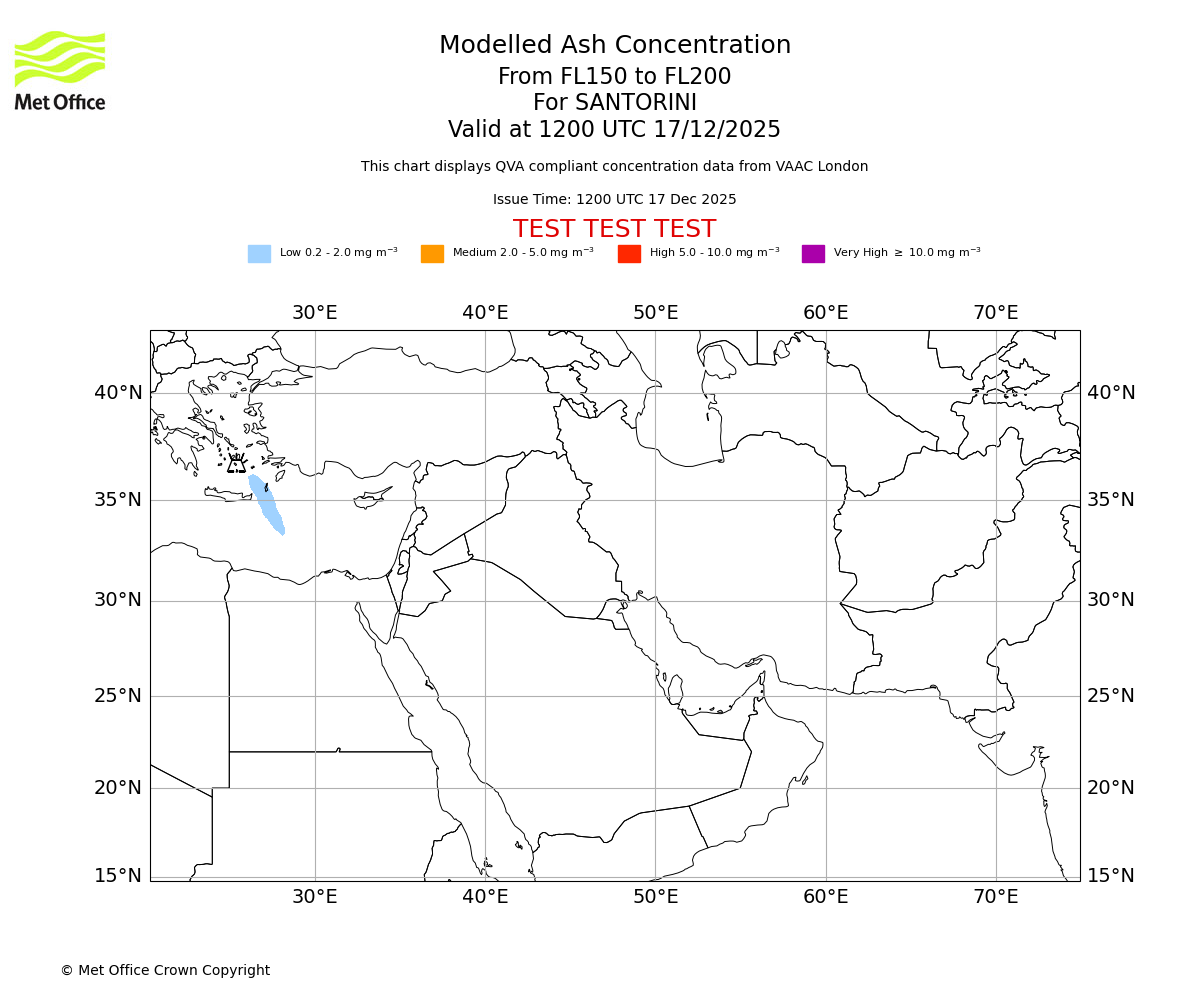 Modelled ash concentration from 150 to 200 for SANTORINI. Valid at 1200 UTC 17/12/2025