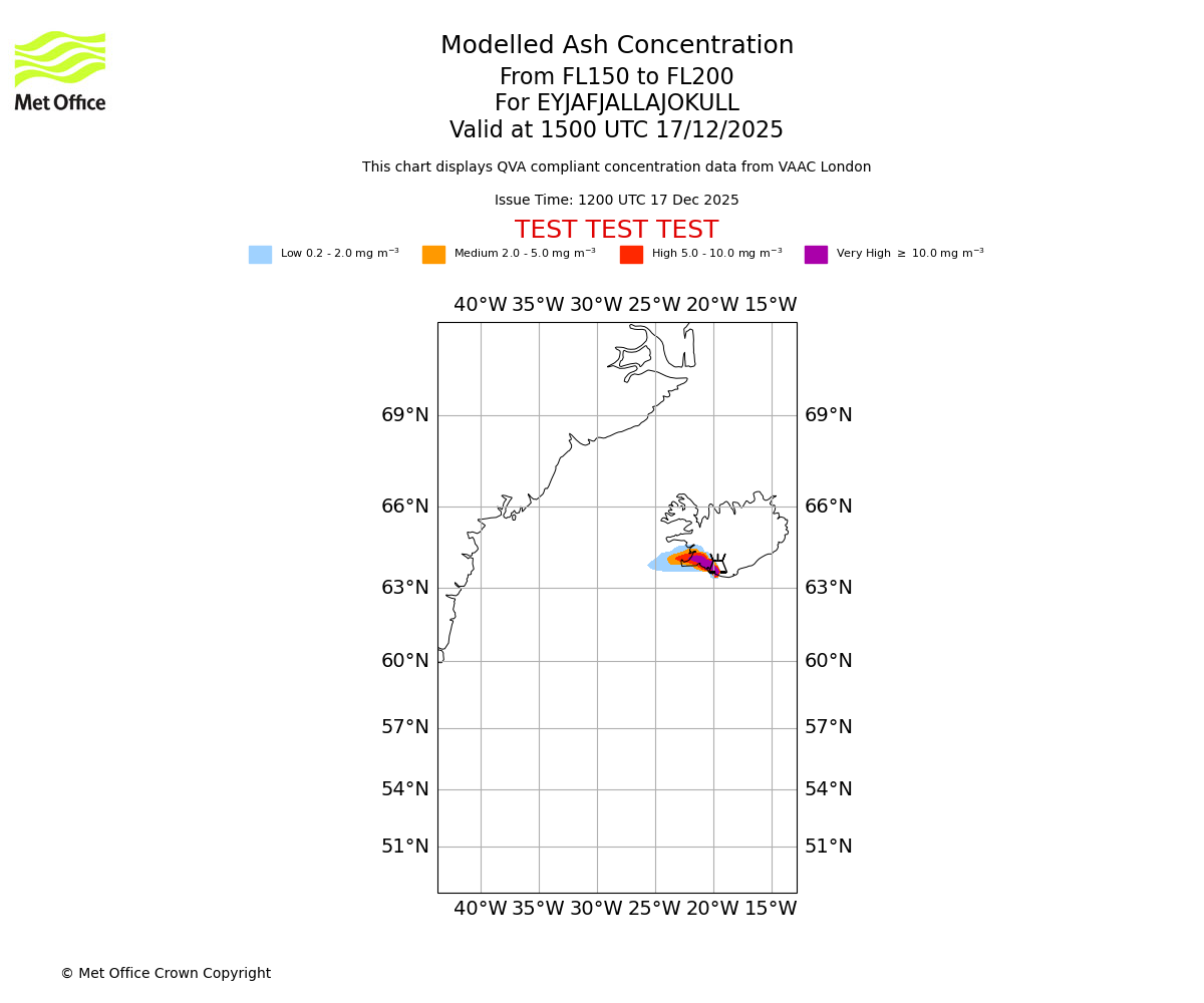 Modelled ash concentration from 150 to 200 for EYJAFJALLAJOKULL. Valid at 1500 UTC 17/12/2025
