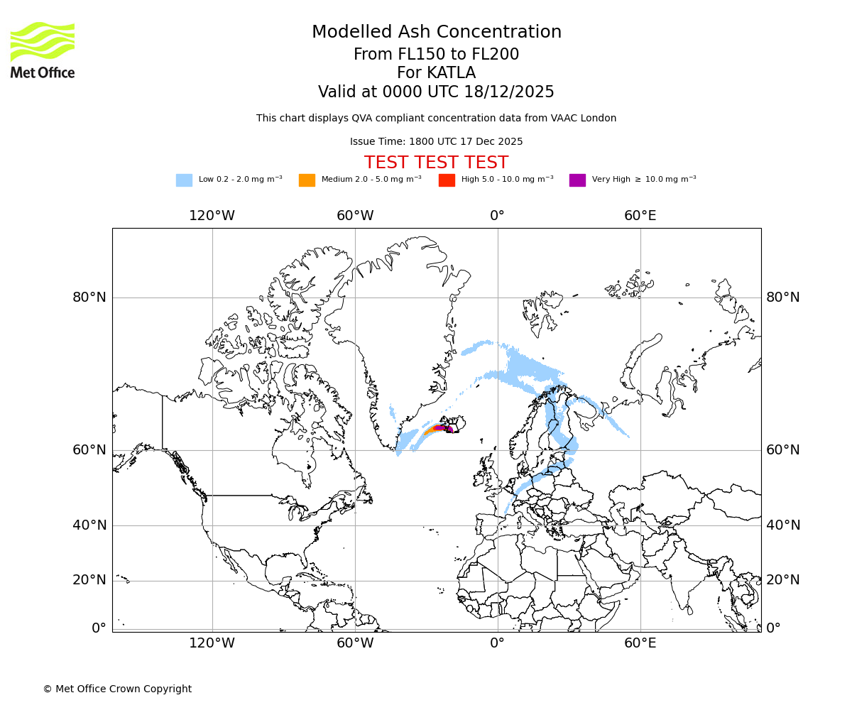 Modelled ash concentration from 150 to 200 for KATLA. Valid at 0000 UTC 18/12/2025