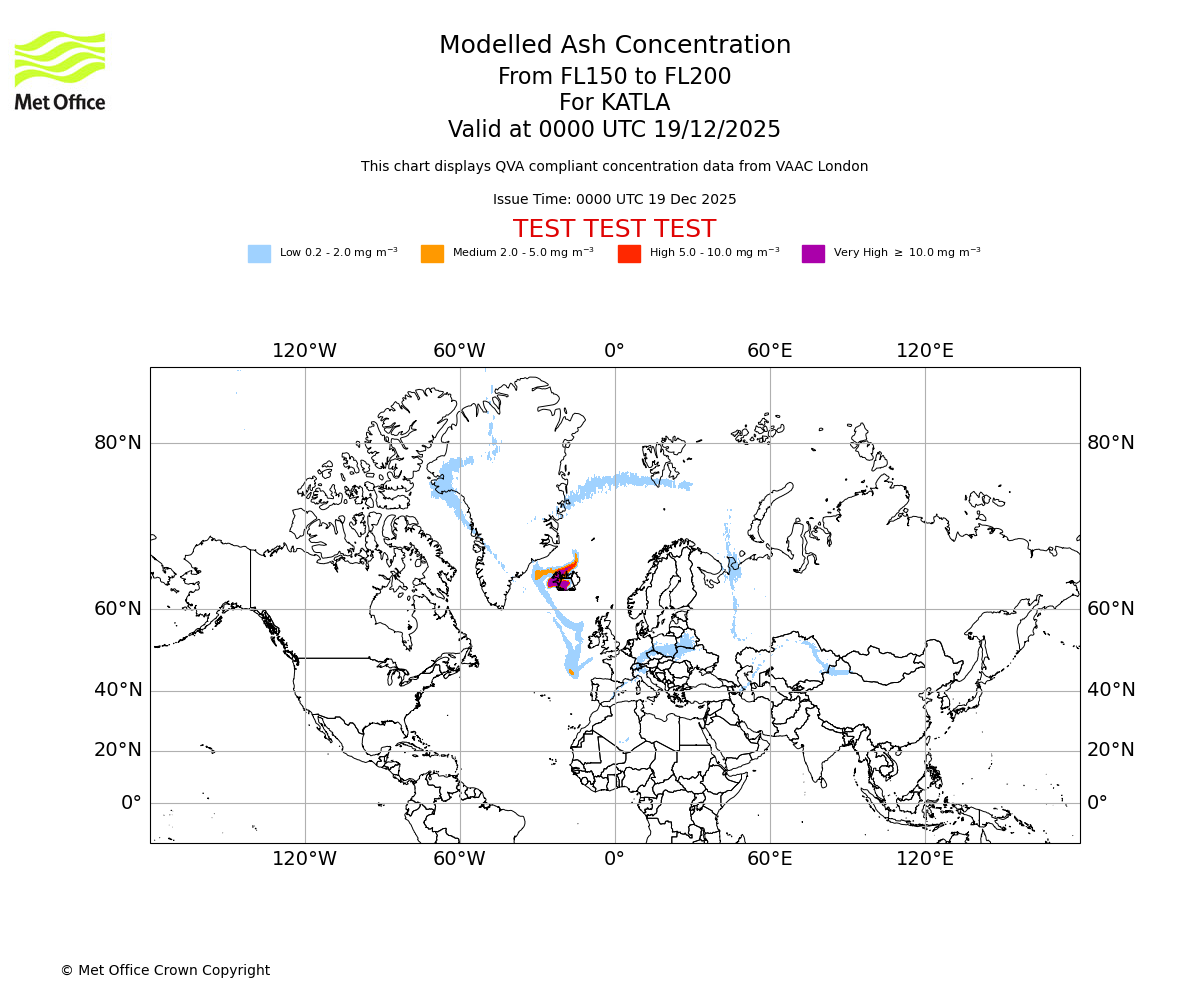 Modelled ash concentration from 150 to 200 for KATLA. Valid at 0000 UTC 19/12/2025