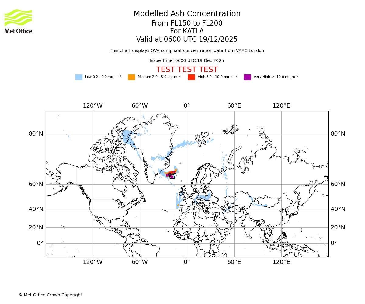Modelled ash concentration from 150 to 200 for KATLA. Valid at 0600 UTC 19/12/2025