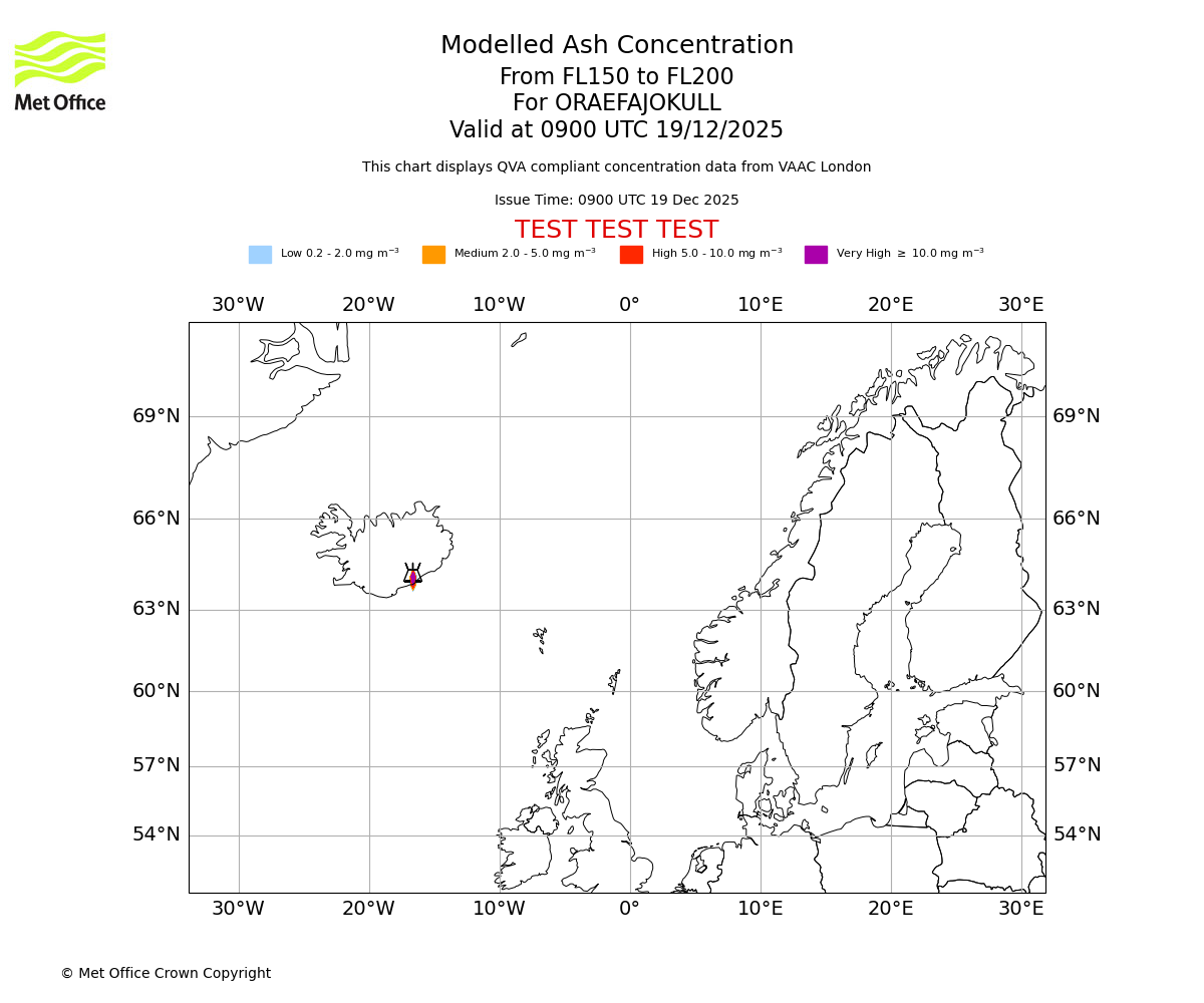 Modelled ash concentration from 150 to 200 for ORAEFAJOKULL. Valid at 0900 UTC 19/12/2025