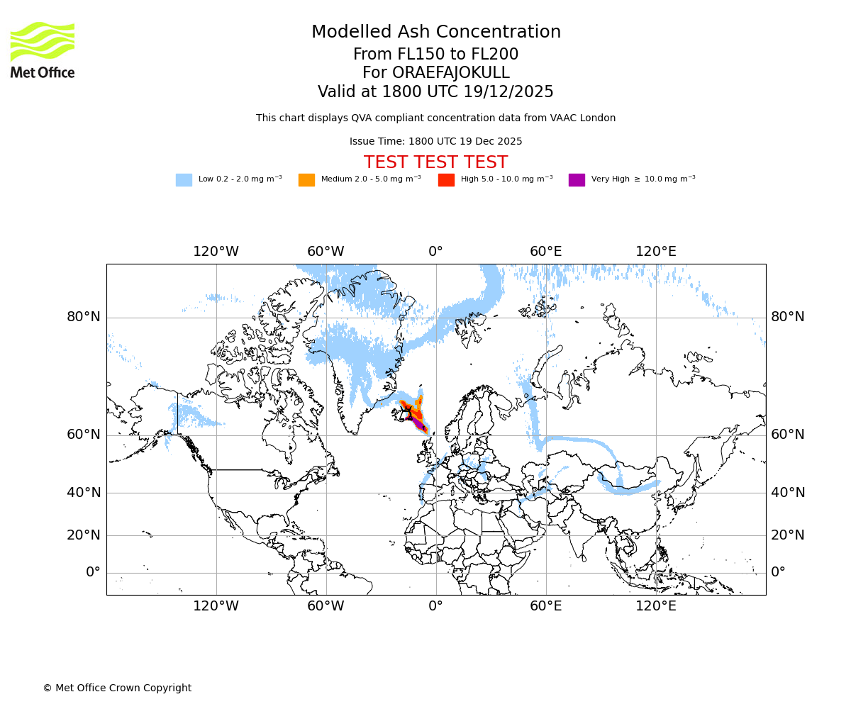 Modelled ash concentration from 150 to 200 for ORAEFAJOKULL. Valid at 1800 UTC 19/12/2025