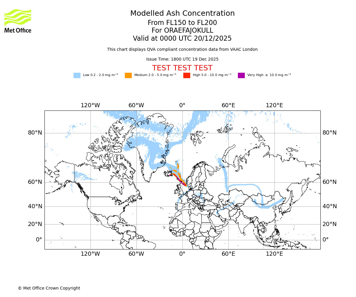 Modelled ash concentration from 150 to 200 for ORAEFAJOKULL. Valid at 0000 UTC 20/12/2025