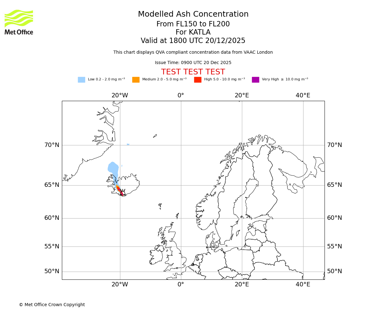 Modelled ash concentration from 150 to 200 for KATLA. Valid at 1800 UTC 20/12/2025