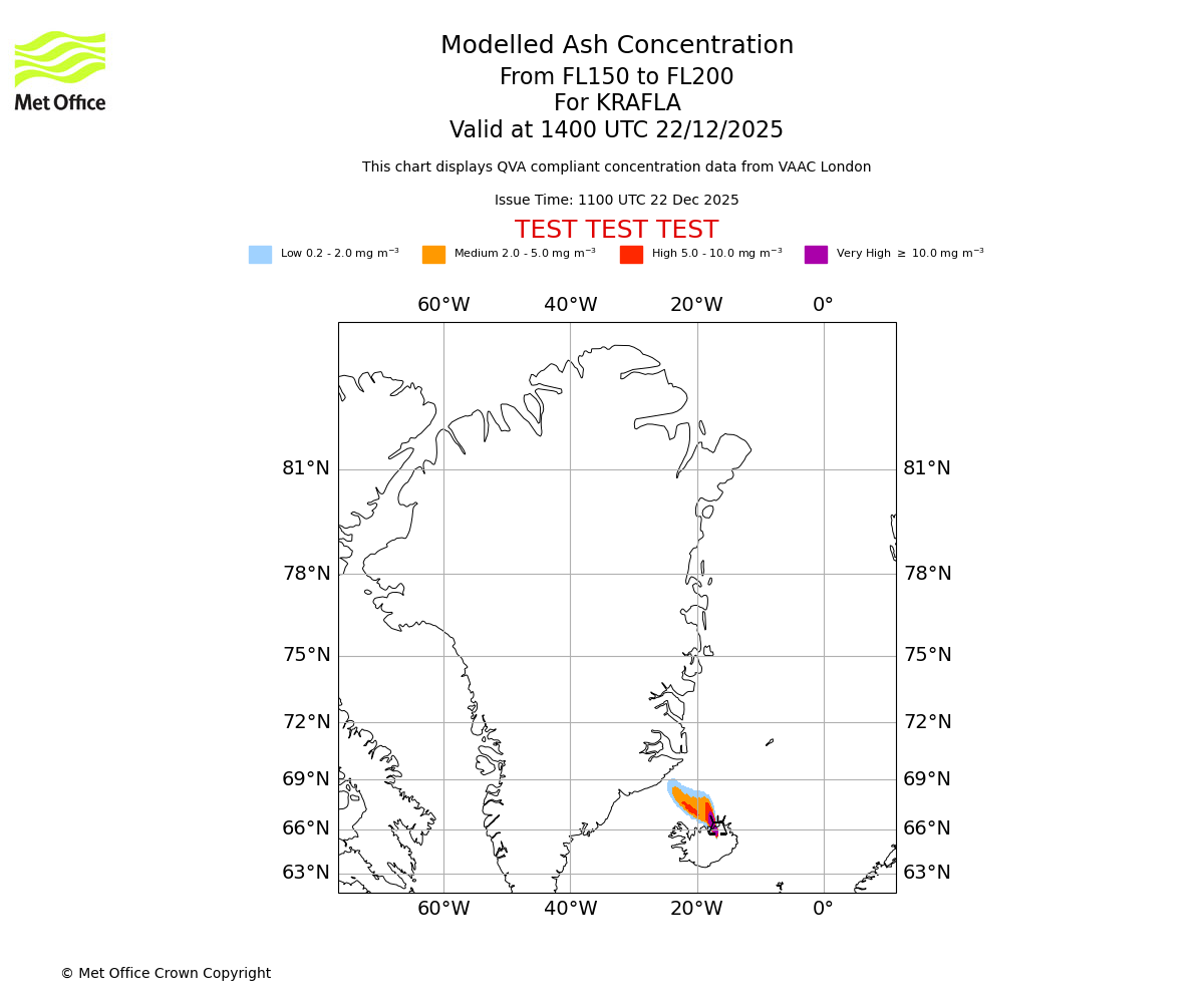 Modelled ash concentration from 150 to 200 for KRAFLA. Valid at 1400 UTC 22/12/2025