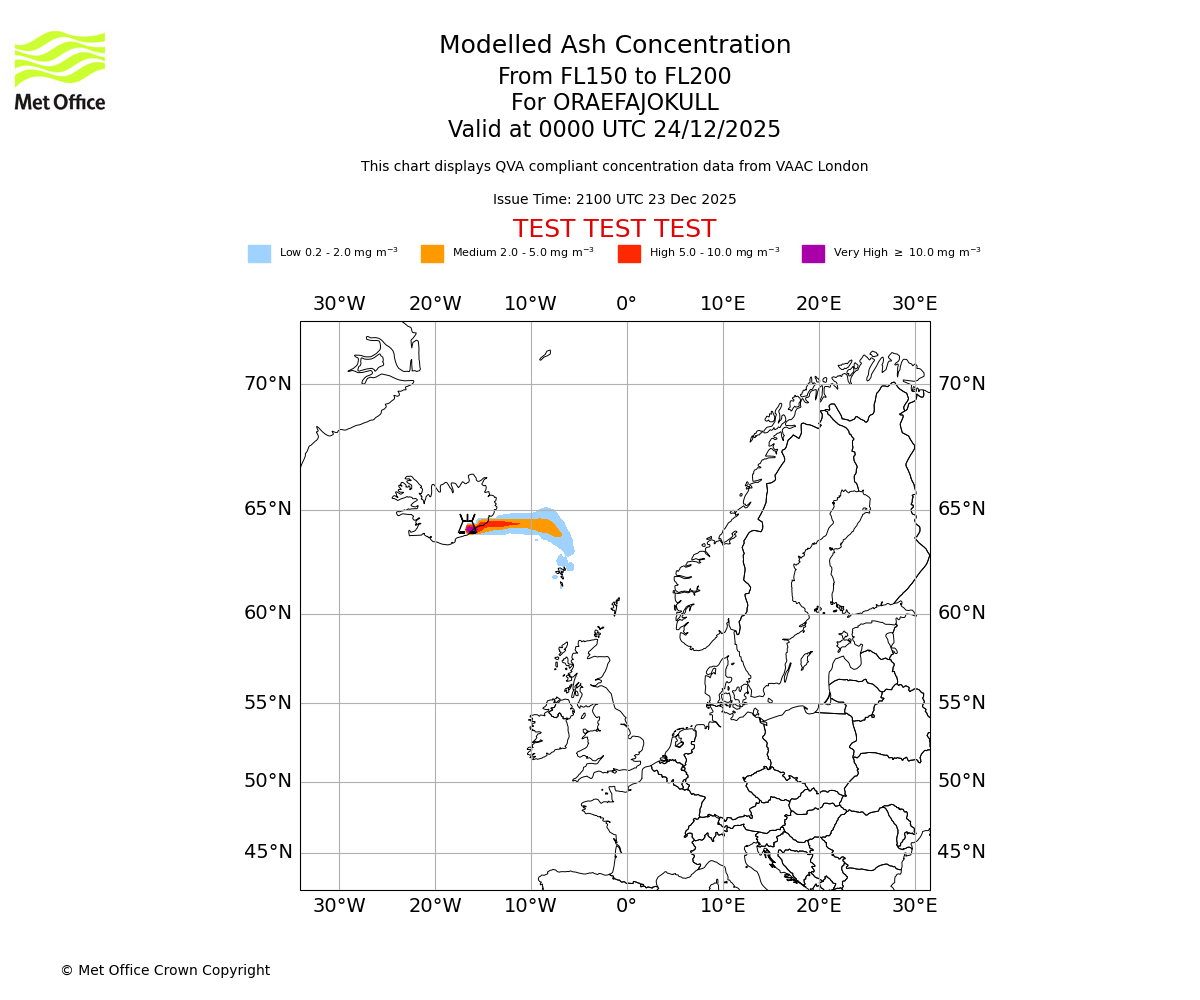 Modelled ash concentration from 150 to 200 for ORAEFAJOKULL. Valid at 0000 UTC 24/12/2025