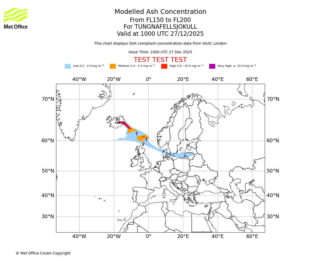 Modelled ash concentration from 150 to 200 for TUNGNAFELLSJOKULL. Valid at 1000 UTC 27/12/2025