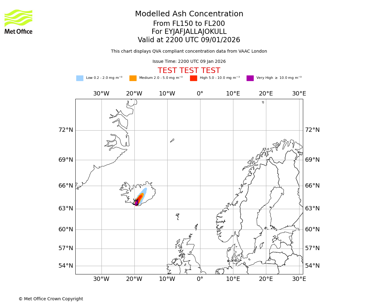 Modelled ash concentration from 150 to 200 for EYJAFJALLAJOKULL. Valid at 2200 UTC 09/01/2026