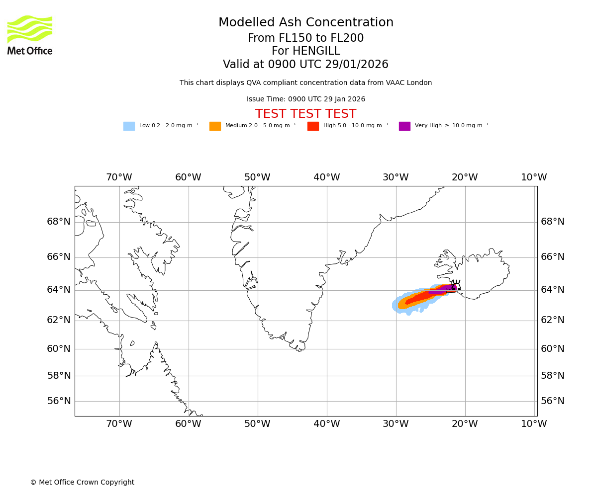 Modelled ash concentration from 150 to 200 for HENGILL. Valid at 0900 UTC 29/01/2026