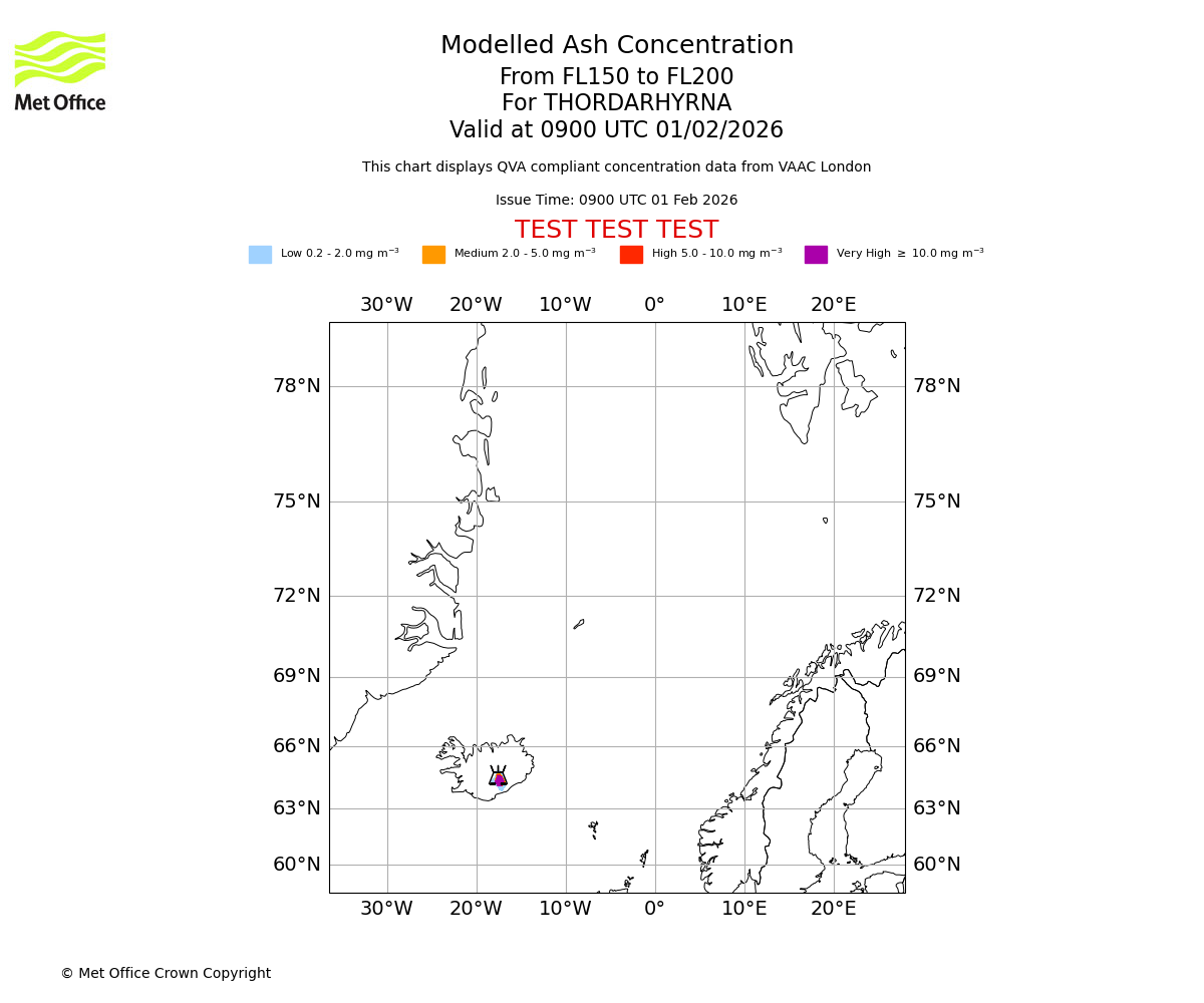 Modelled ash concentration from 150 to 200 for THORDARHYRNA. Valid at 0900 UTC 01/02/2026