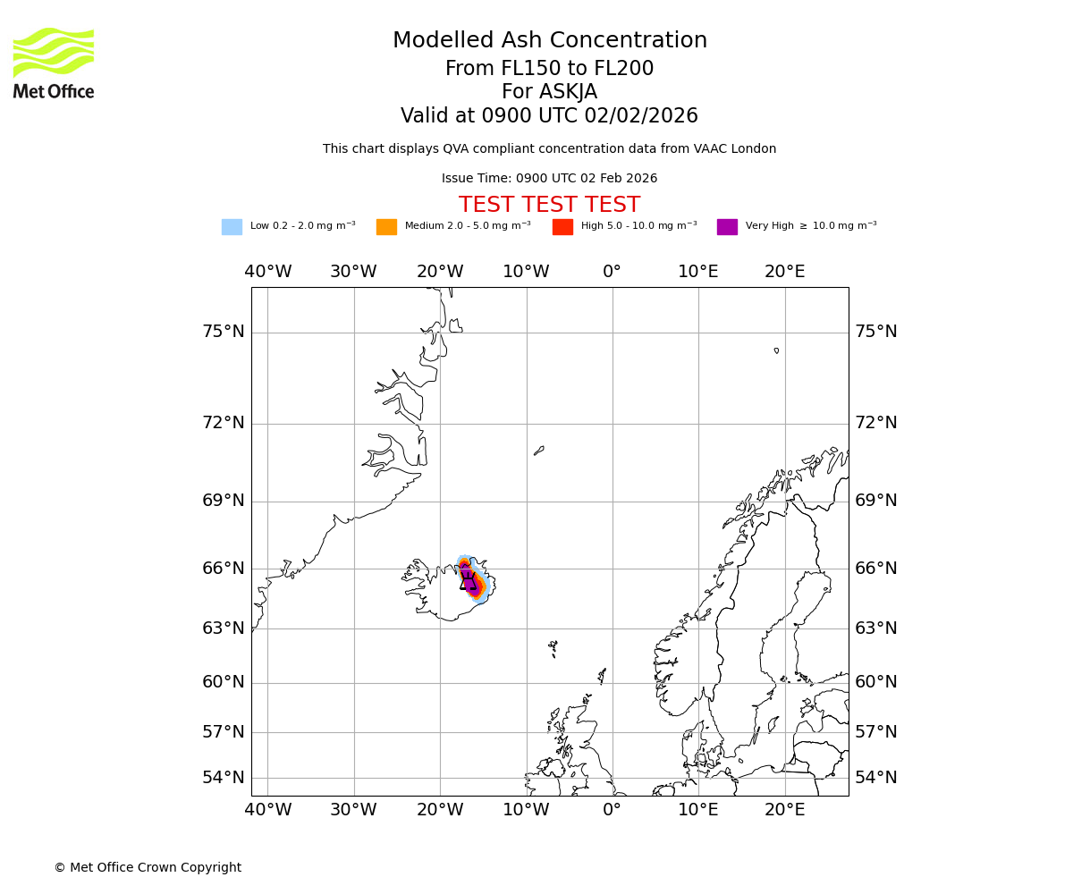 Modelled ash concentration from 150 to 200 for ASKJA. Valid at 0900 UTC 02/02/2026
