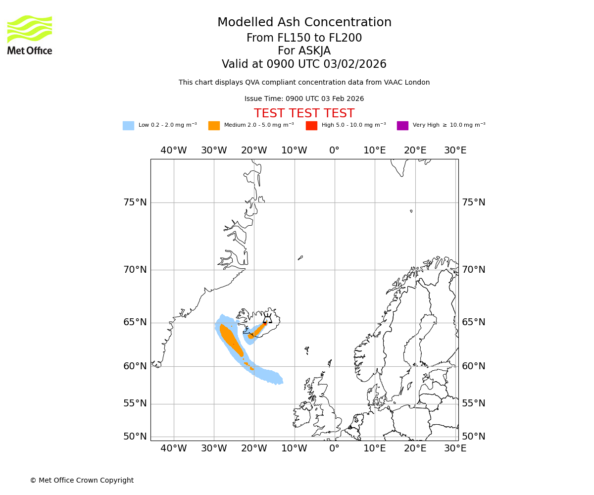 Modelled ash concentration from 150 to 200 for ASKJA. Valid at 0900 UTC 03/02/2026