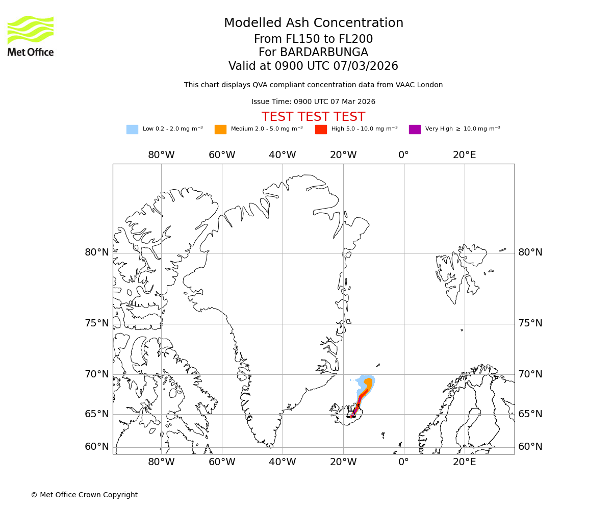 Modelled ash concentration from 150 to 200 for BARDARBUNGA. Valid at 0900 UTC 07/03/2026