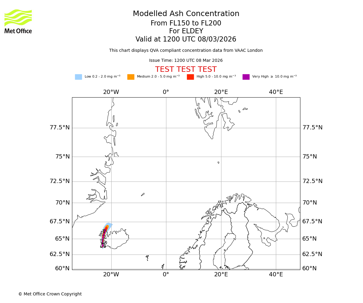 Modelled ash concentration from 150 to 200 for ELDEY. Valid at 1200 UTC 08/03/2026