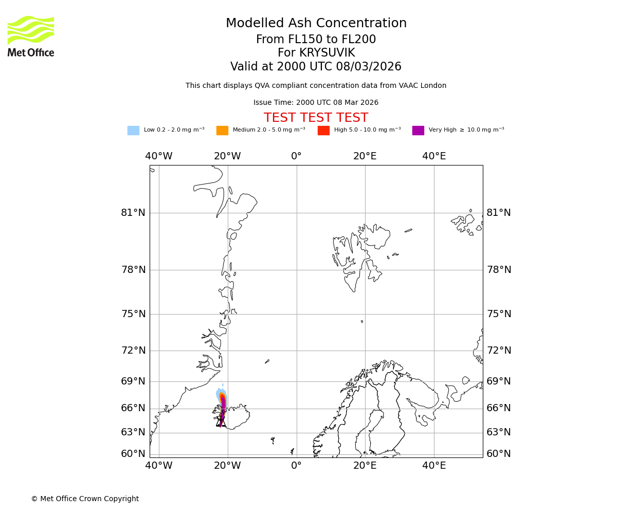 Modelled ash concentration from 150 to 200 for KRYSUVIK. Valid at 2000 UTC 08/03/2026