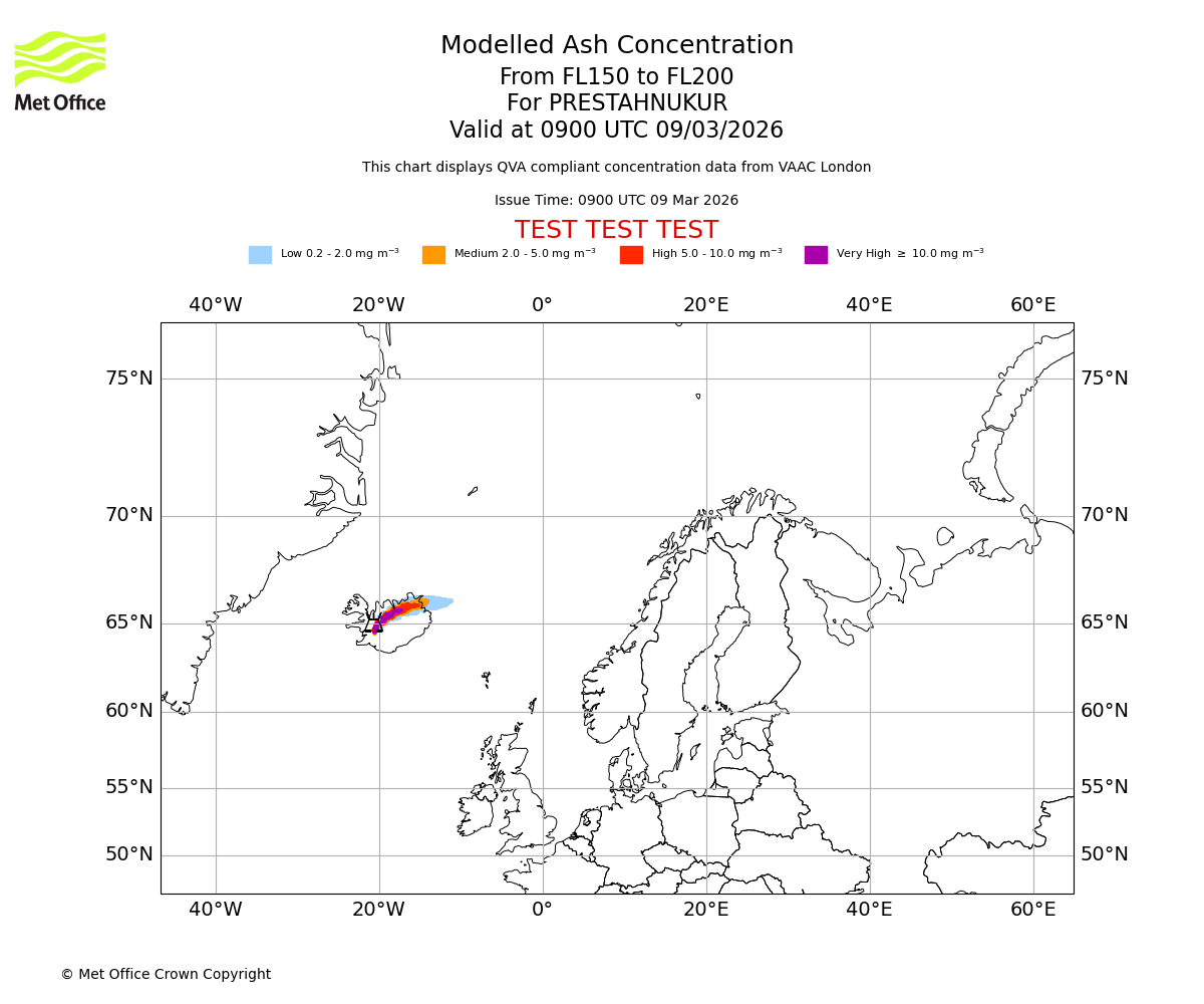 Modelled ash concentration from 150 to 200 for PRESTAHNUKUR. Valid at 0900 UTC 09/03/2026