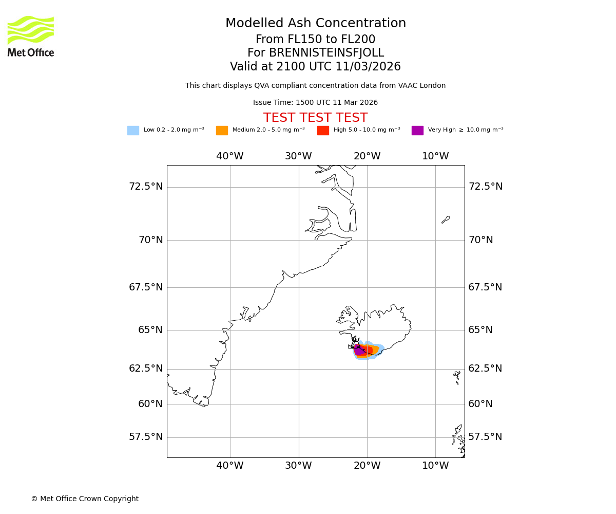 Modelled ash concentration from 150 to 200 for BRENNISTEINSFJOLL. Valid at 2100 UTC 11/03/2026