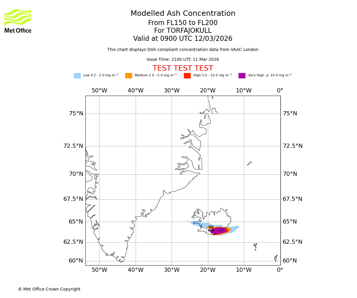 Modelled ash concentration from 150 to 200 for TORFAJOKULL. Valid at 0900 UTC 12/03/2026