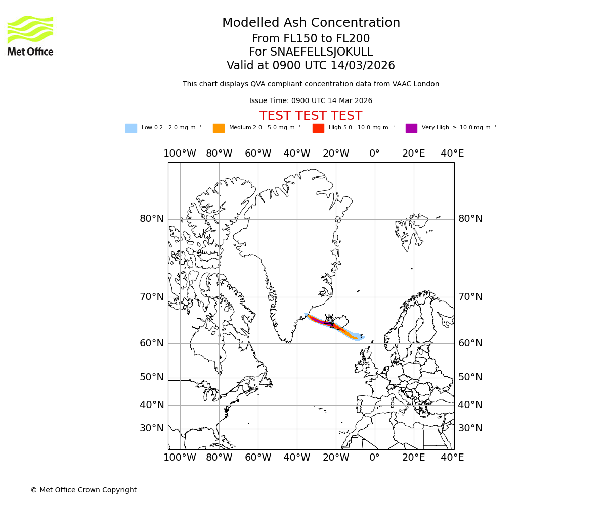Modelled ash concentration from 150 to 200 for SNAEFELLSJOKULL. Valid at 0900 UTC 14/03/2026
