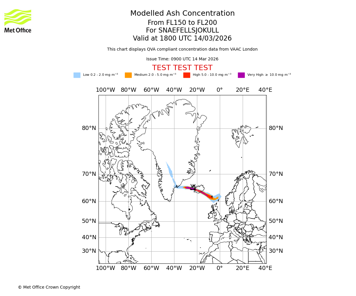 Modelled ash concentration from 150 to 200 for SNAEFELLSJOKULL. Valid at 1800 UTC 14/03/2026