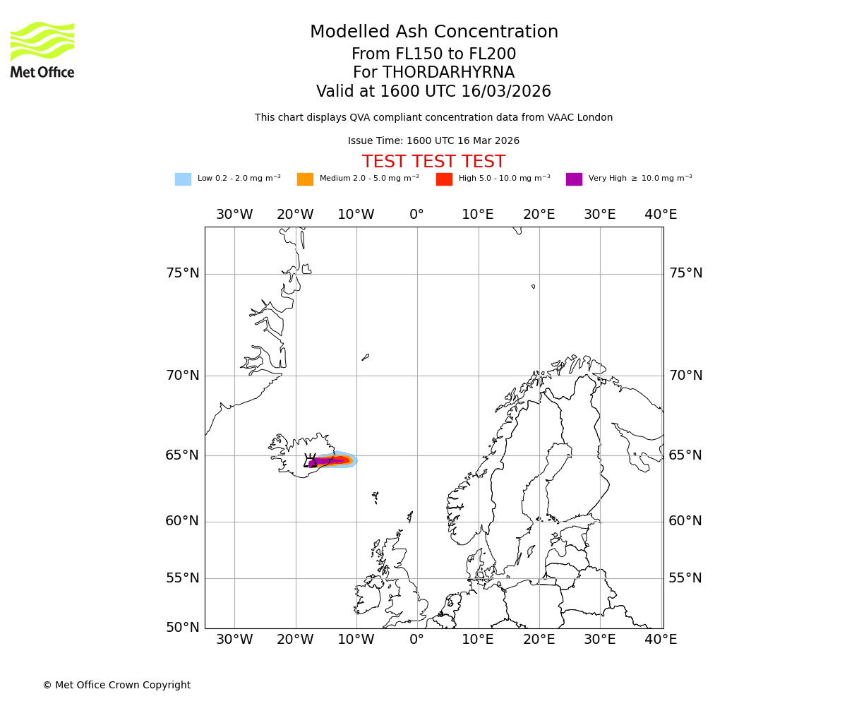 Modelled ash concentration from 150 to 200 for THORDARHYRNA. Valid at 1600 UTC 16/03/2026