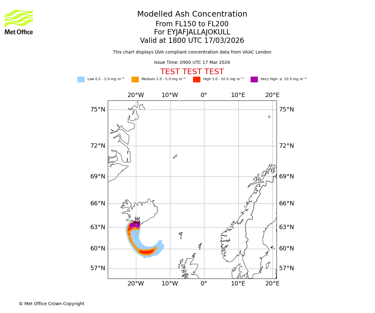 Modelled ash concentration from 150 to 200 for EYJAFJALLAJOKULL. Valid at 1800 UTC 17/03/2026