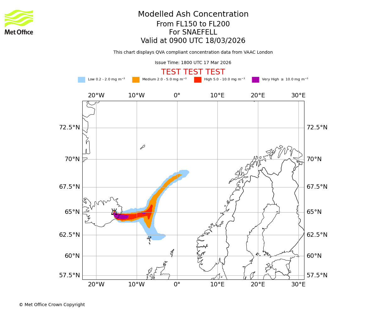 Modelled ash concentration from 150 to 200 for SNAEFELL. Valid at 0900 UTC 18/03/2026