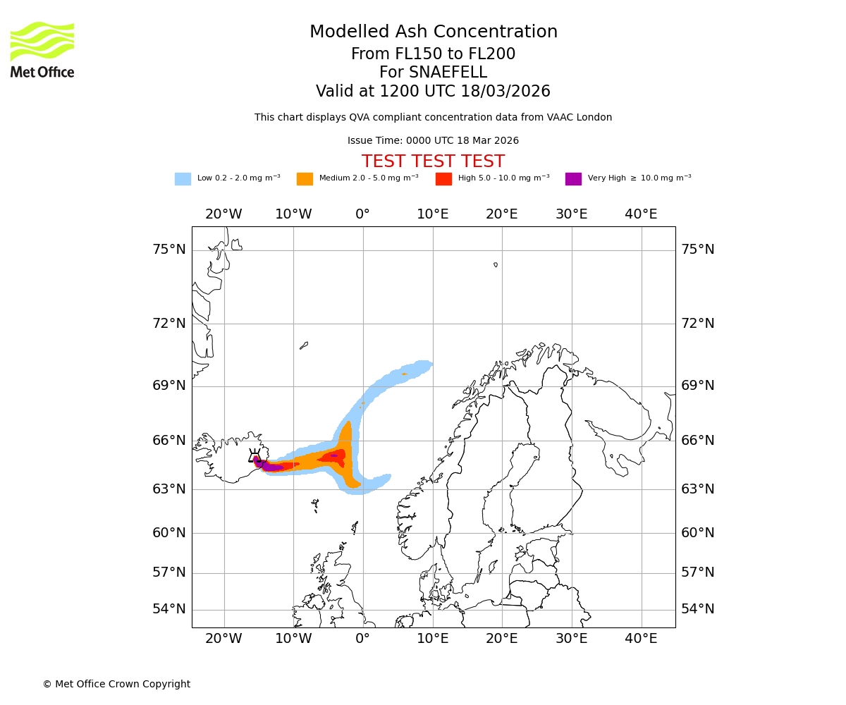 Modelled ash concentration from 150 to 200 for SNAEFELL. Valid at 1200 UTC 18/03/2026