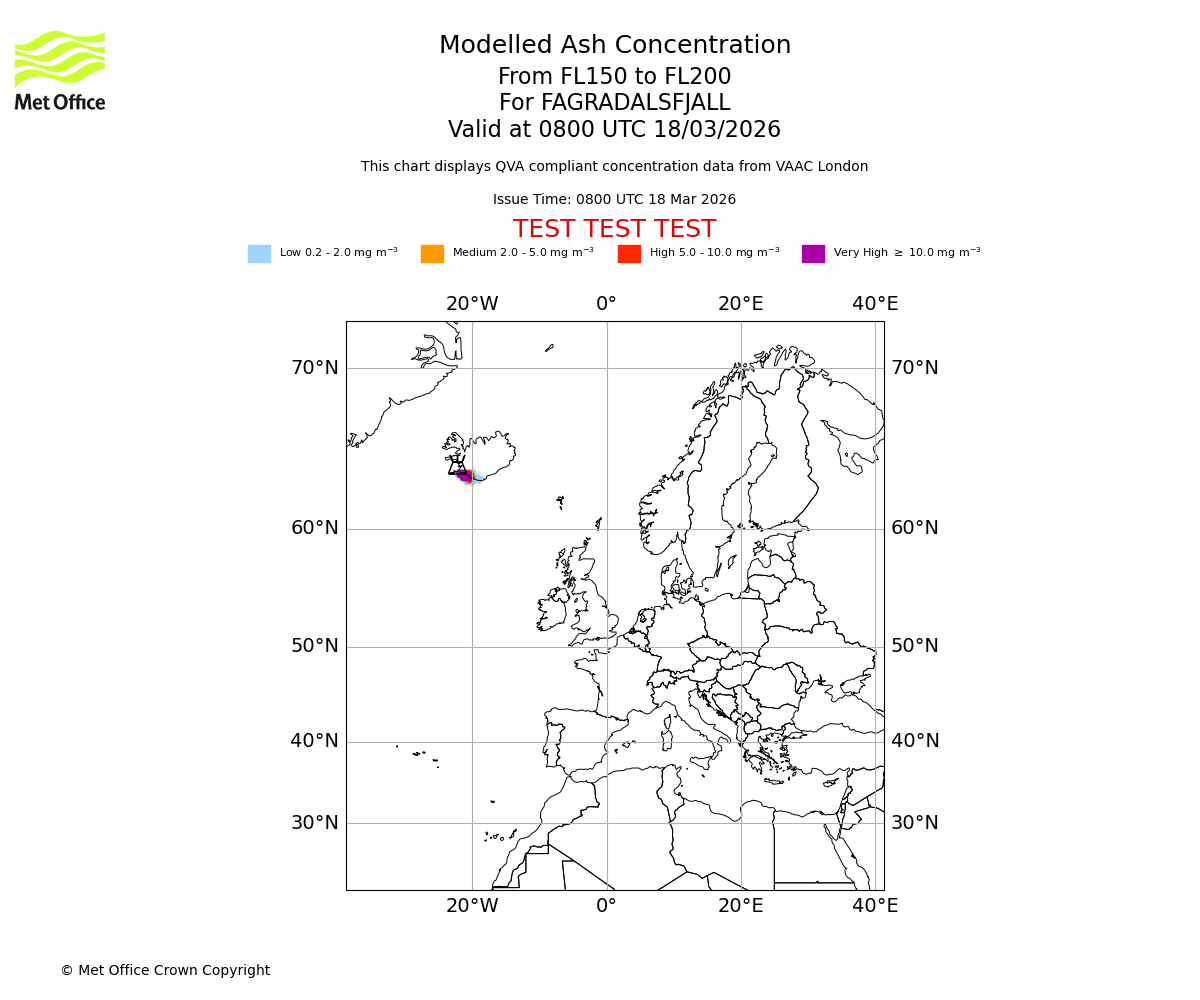 Modelled ash concentration from 150 to 200 for FAGRADALSFJALL. Valid at 0800 UTC 18/03/2026