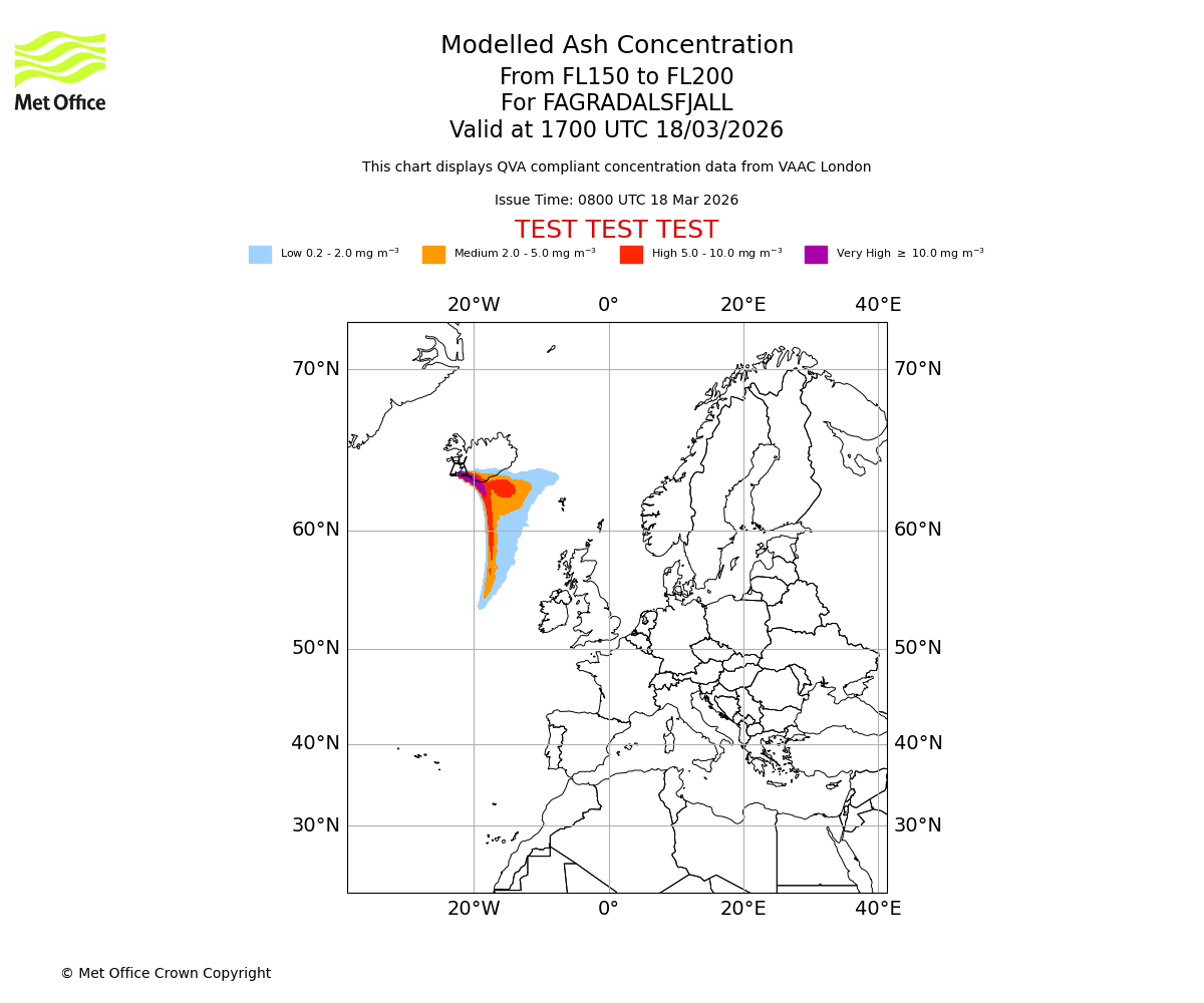 Modelled ash concentration from 150 to 200 for FAGRADALSFJALL. Valid at 1700 UTC 18/03/2026