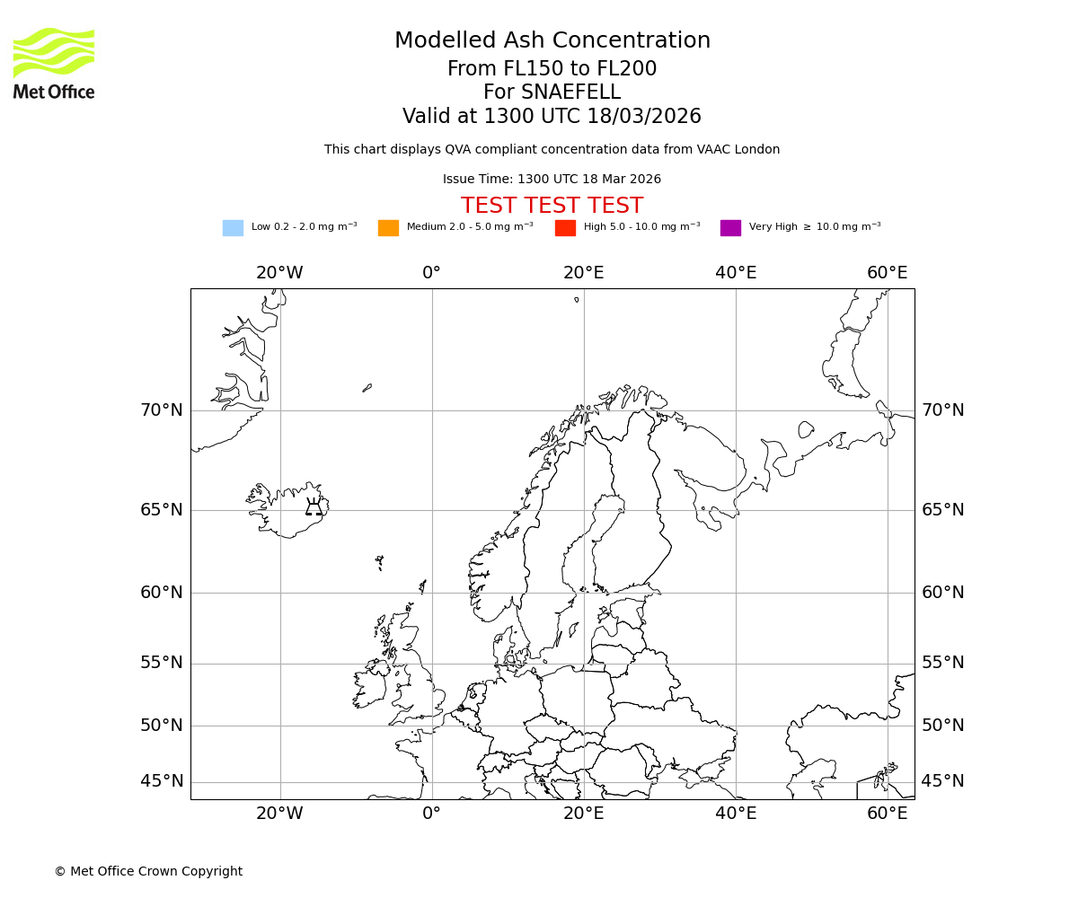 Modelled ash concentration from 150 to 200 for SNAEFELL. Valid at 1300 UTC 18/03/2026