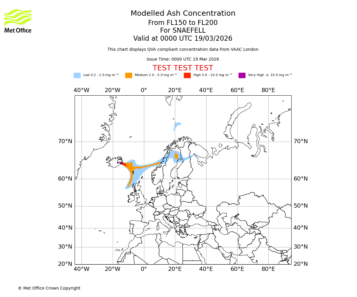 Modelled ash concentration from 150 to 200 for SNAEFELL. Valid at 0000 UTC 19/03/2026