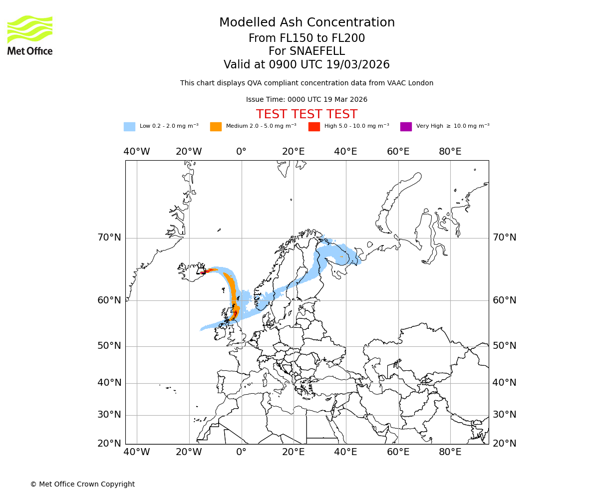 Modelled ash concentration from 150 to 200 for SNAEFELL. Valid at 0900 UTC 19/03/2026