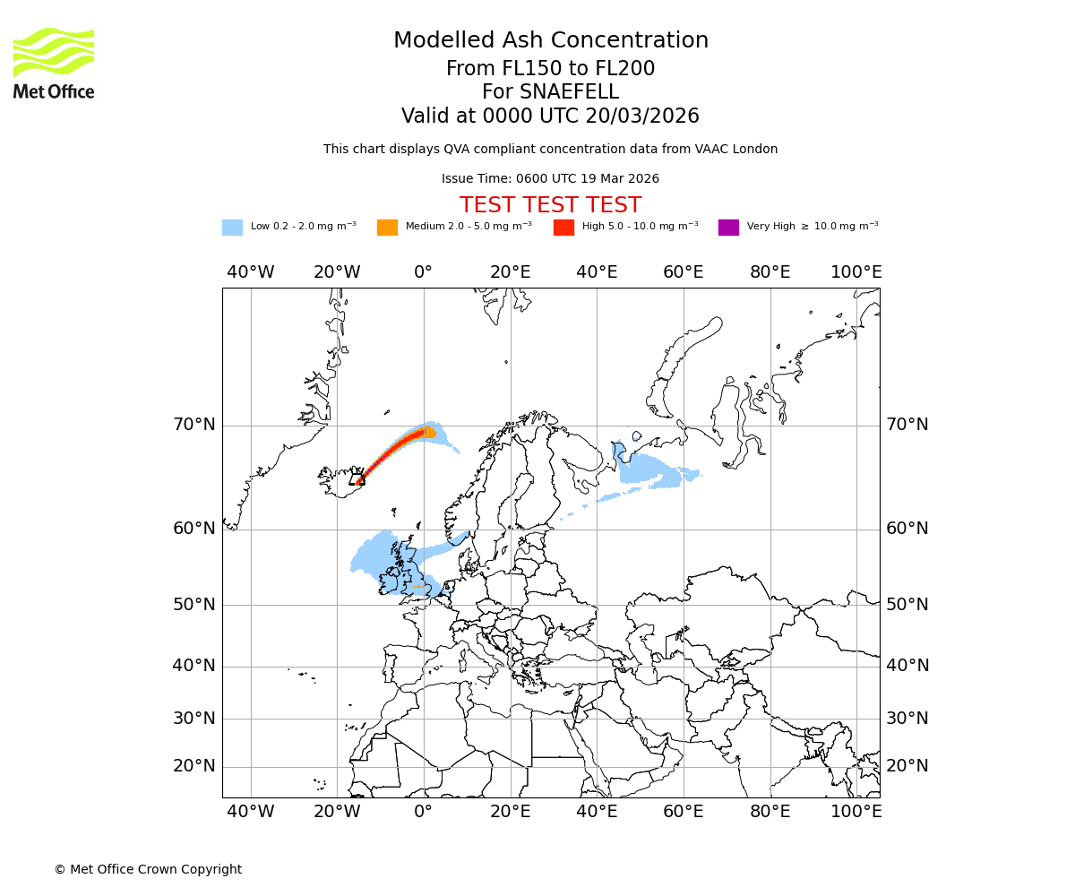 Modelled ash concentration from 150 to 200 for SNAEFELL. Valid at 0000 UTC 20/03/2026