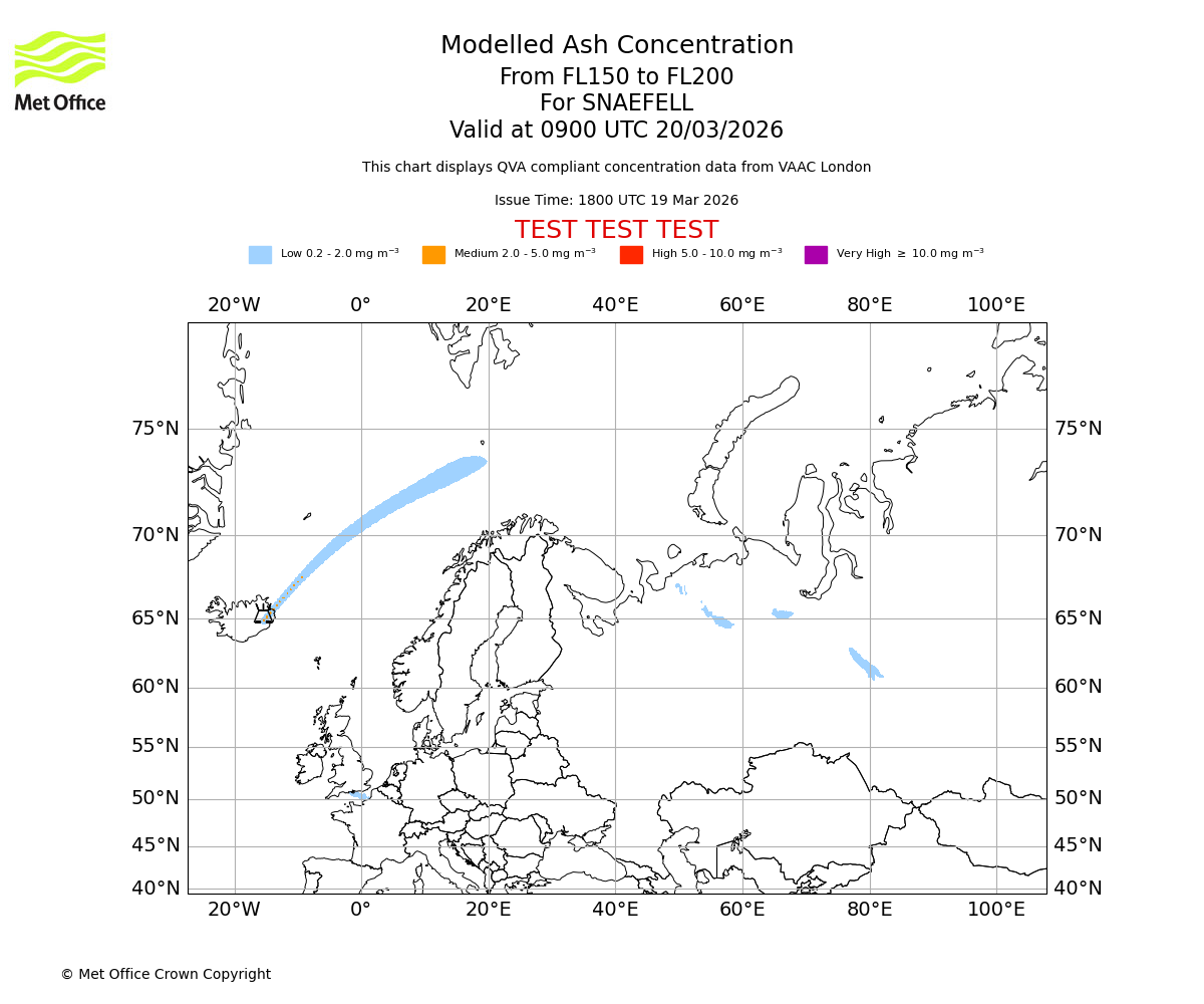 Modelled ash concentration from 150 to 200 for SNAEFELL. Valid at 0900 UTC 20/03/2026