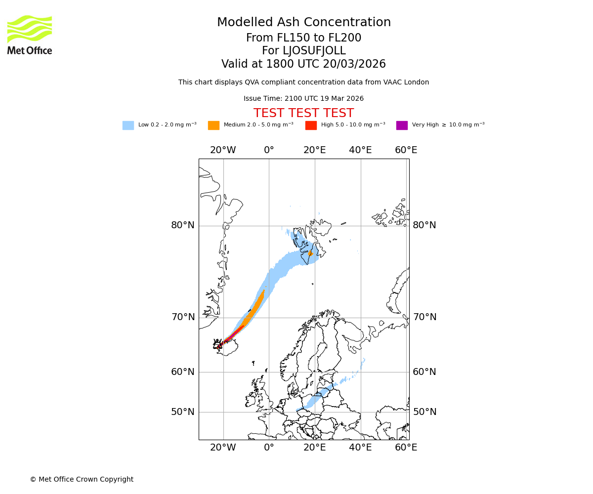Modelled ash concentration from 150 to 200 for LJOSUFJOLL. Valid at 1800 UTC 20/03/2026