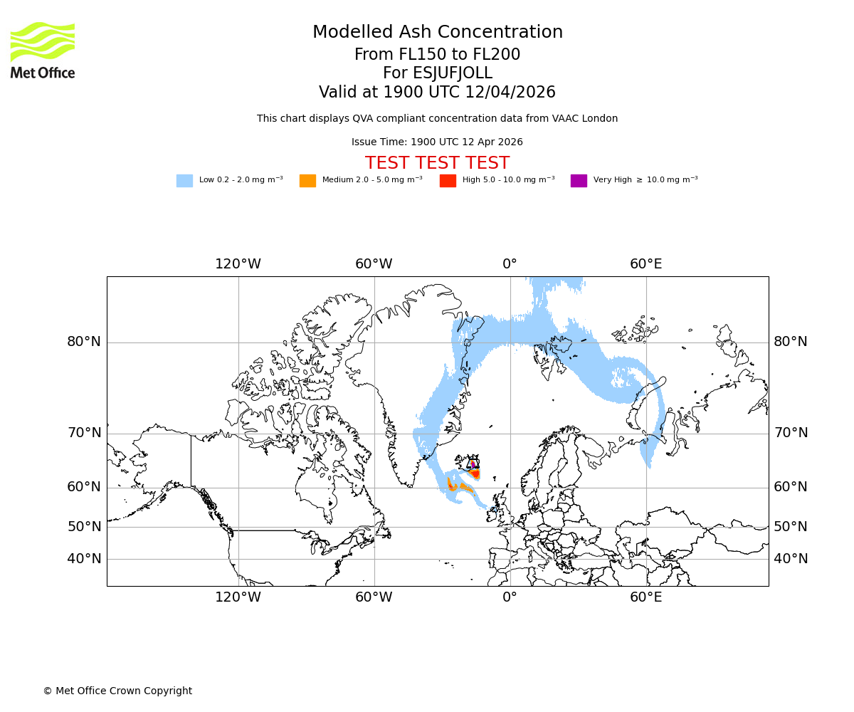 Modelled ash concentration from 150 to 200 for ESJUFJOLL. Valid at 1900 UTC 12/04/2026