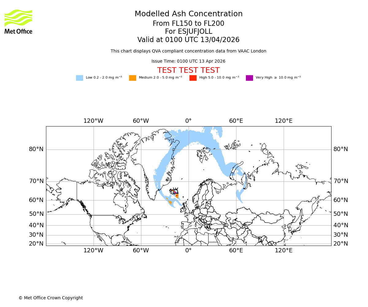 Modelled ash concentration from 150 to 200 for ESJUFJOLL. Valid at 0100 UTC 13/04/2026