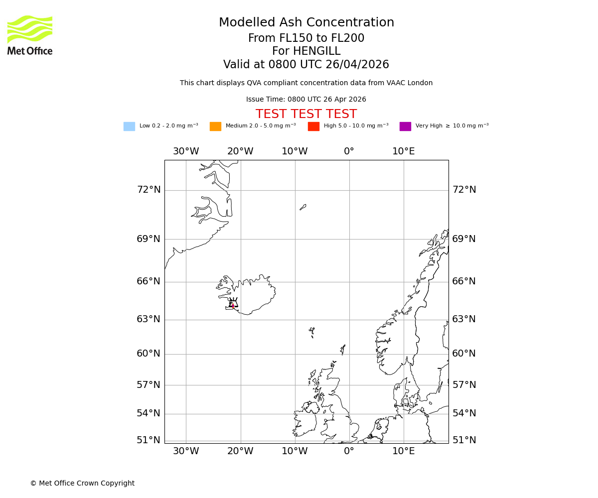 Modelled ash concentration from 150 to 200 for HENGILL. Valid at 0800 UTC 26/04/2026