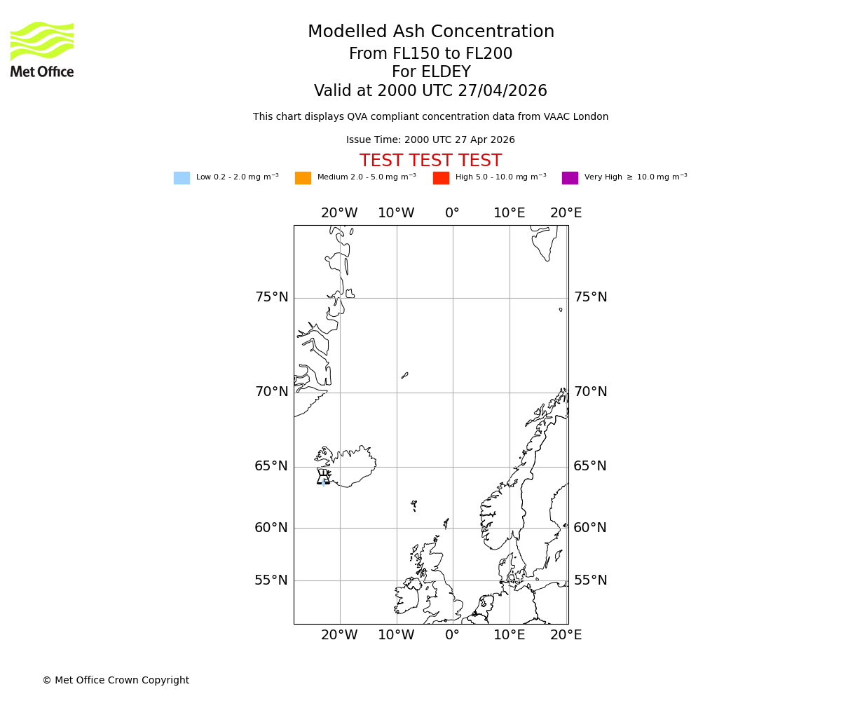 Modelled ash concentration from 150 to 200 for ELDEY. Valid at 2000 UTC 27/04/2026