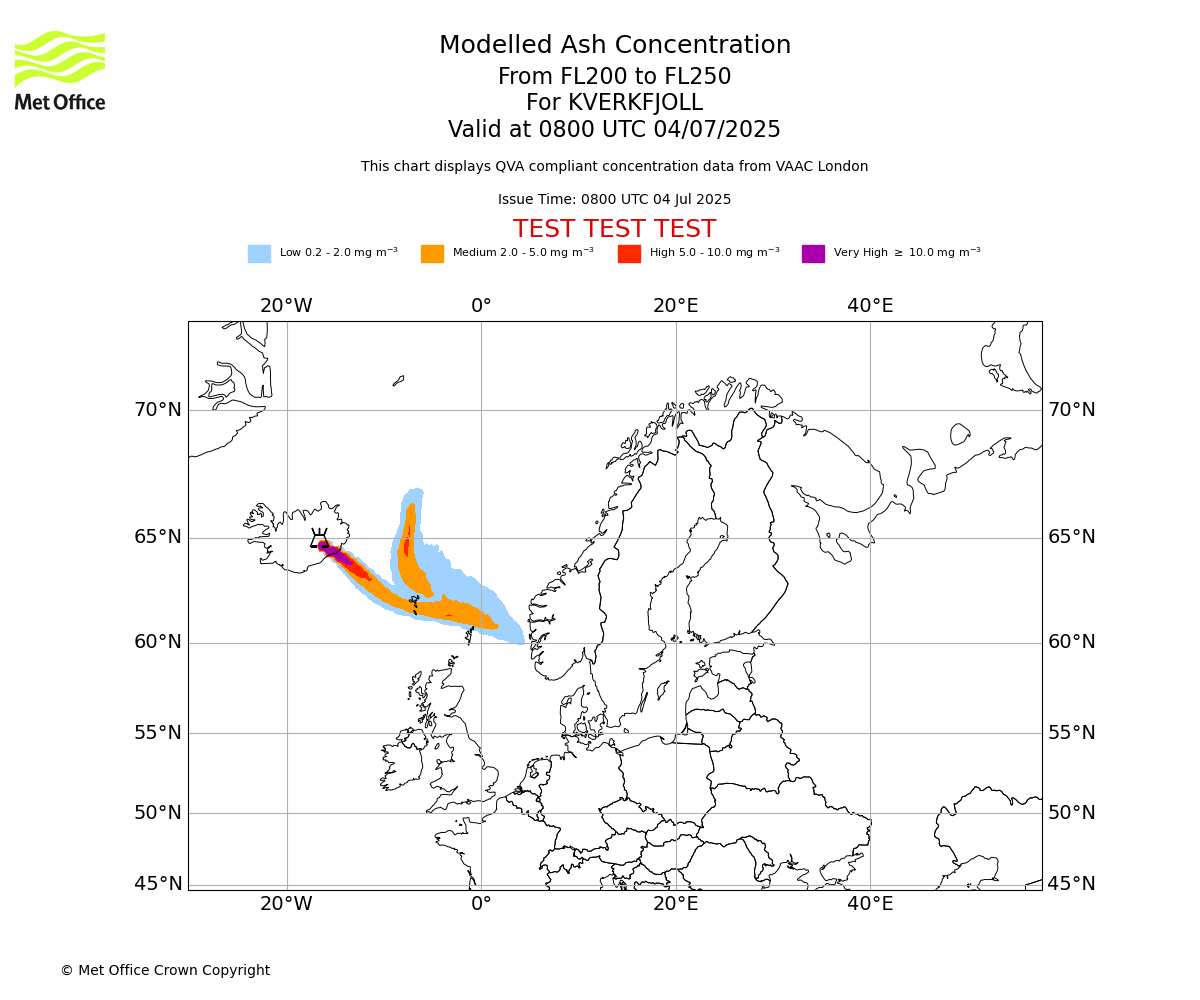Modelled ash concentration from 200 to 250 for KVERKFJOLL. Valid at 0800 UTC 04/07/2025