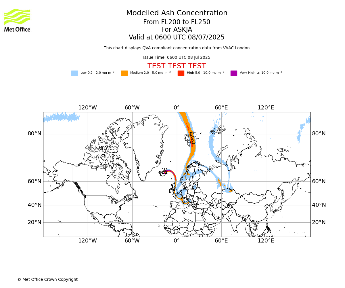 Modelled ash concentration from 200 to 250 for ASKJA. Valid at 0600 UTC 08/07/2025