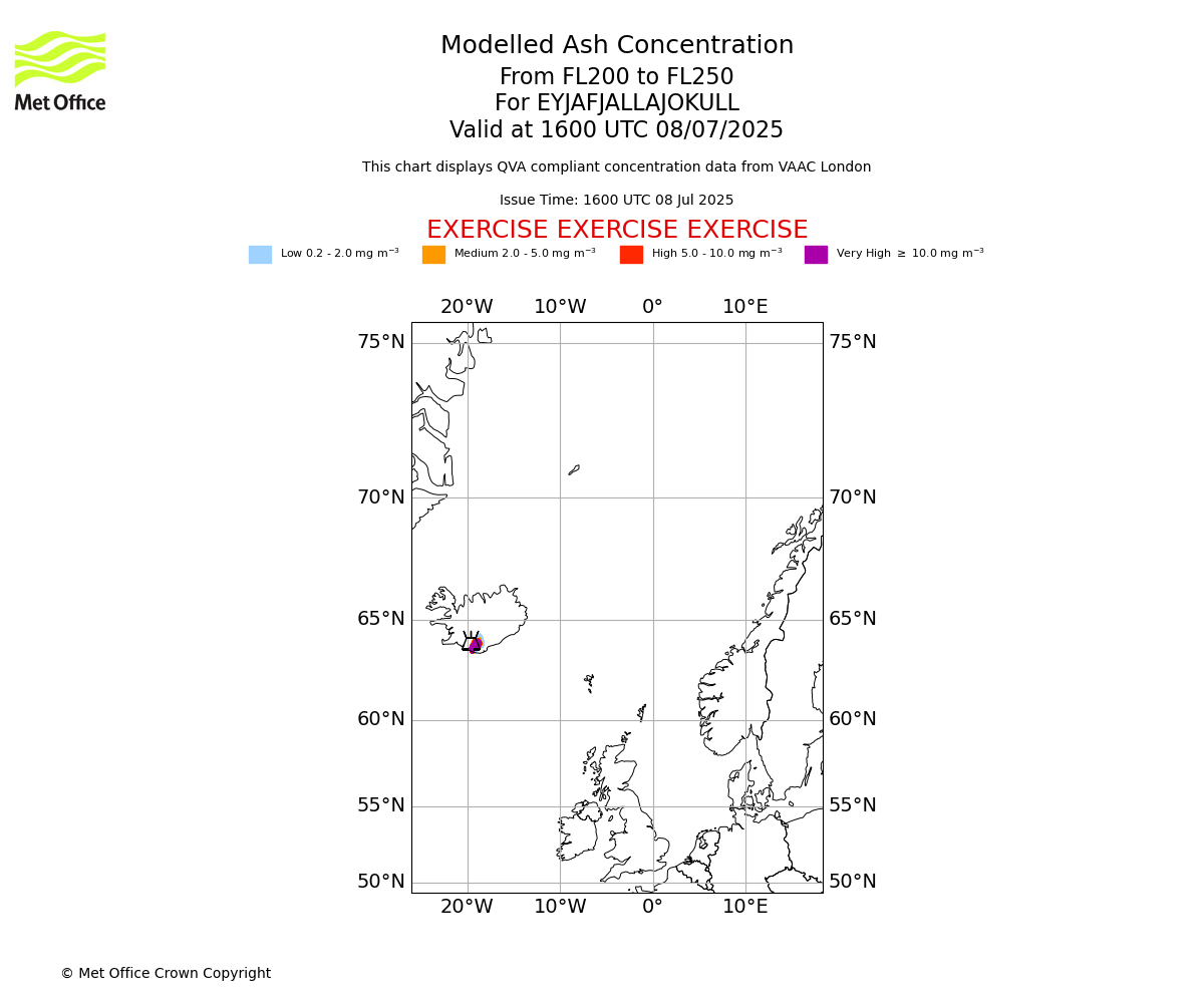 Modelled ash concentration from 200 to 250 for EYJAFJALLAJOKULL. Valid at 1600 UTC 08/07/2025