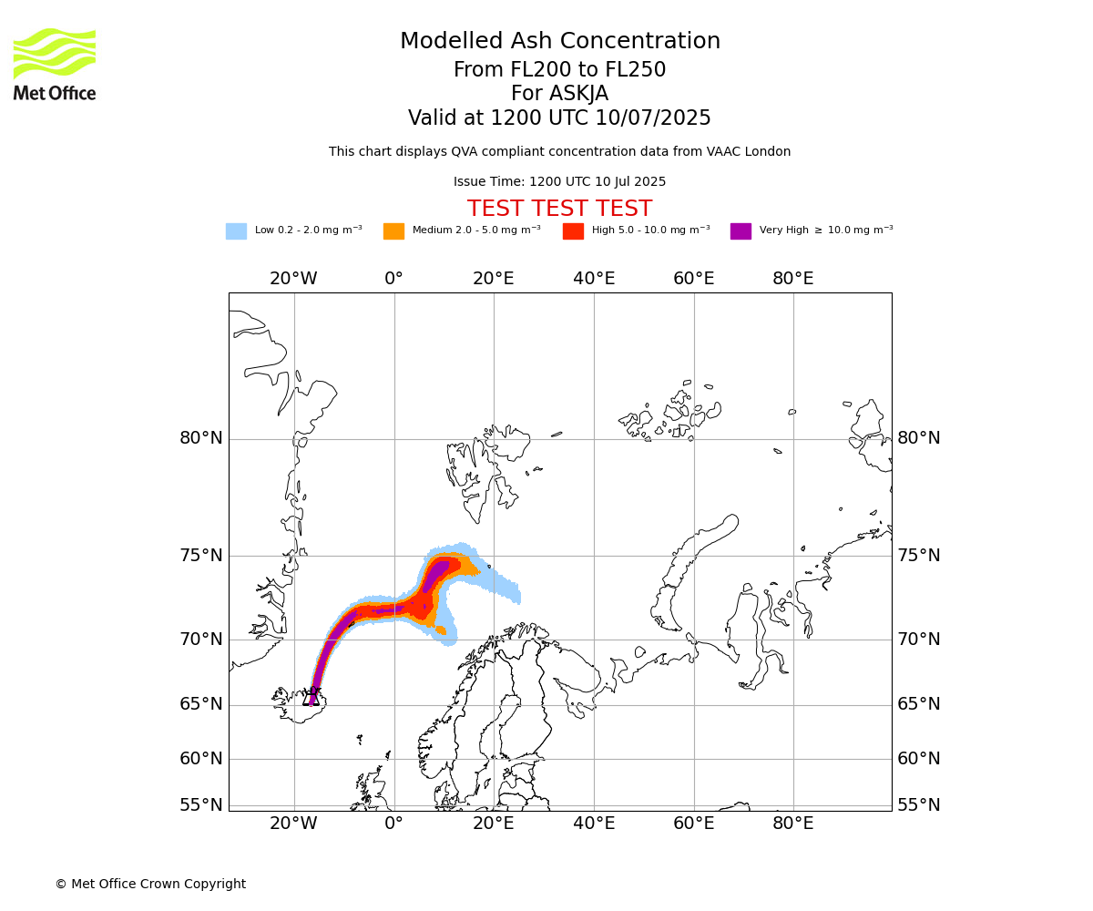 Modelled ash concentration from 200 to 250 for ASKJA. Valid at 1200 UTC 10/07/2025