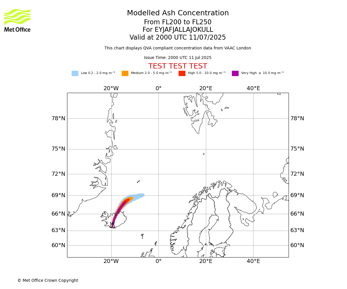 Modelled ash concentration from 200 to 250 for EYJAFJALLAJOKULL. Valid at 2000 UTC 11/07/2025