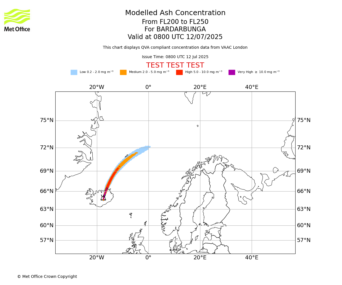 Modelled ash concentration from 200 to 250 for BARDARBUNGA. Valid at 0800 UTC 12/07/2025