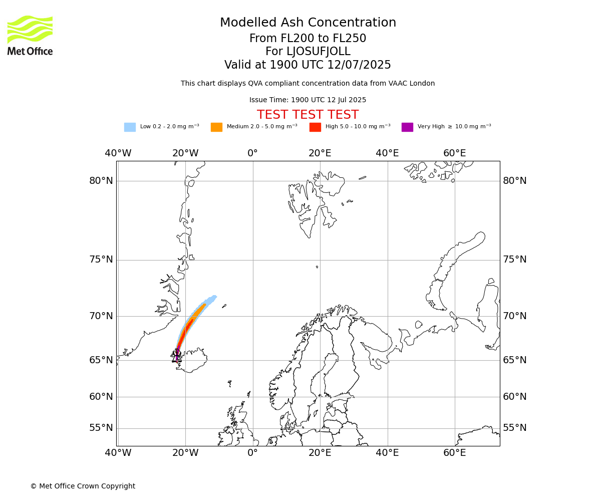 Modelled ash concentration from 200 to 250 for LJOSUFJOLL. Valid at 1900 UTC 12/07/2025